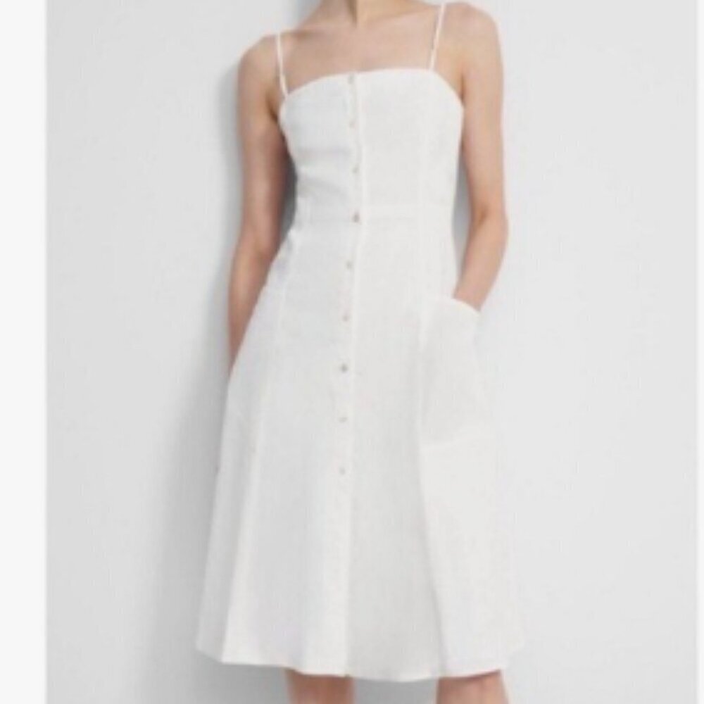 THEORY Kayleigh Crunch Button Front Dress in Good Linen White Size 6